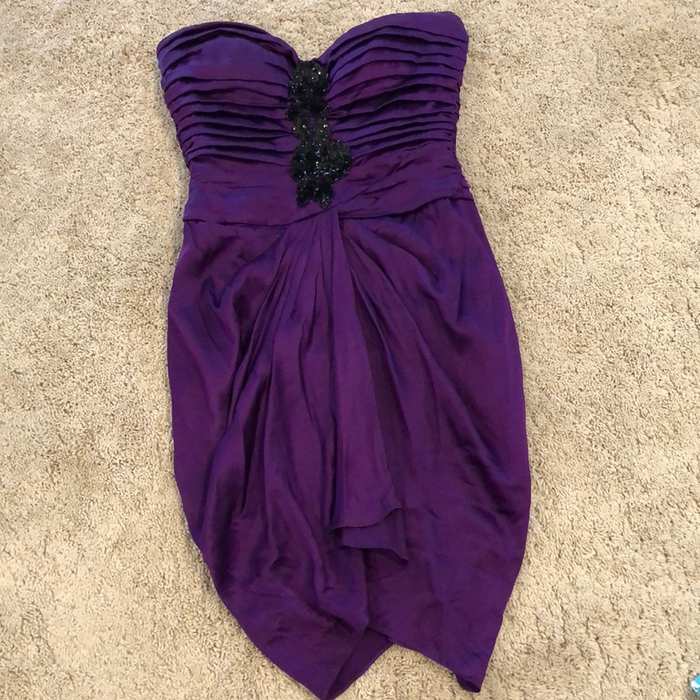 Bebe Purple Satin dress with black sequin front